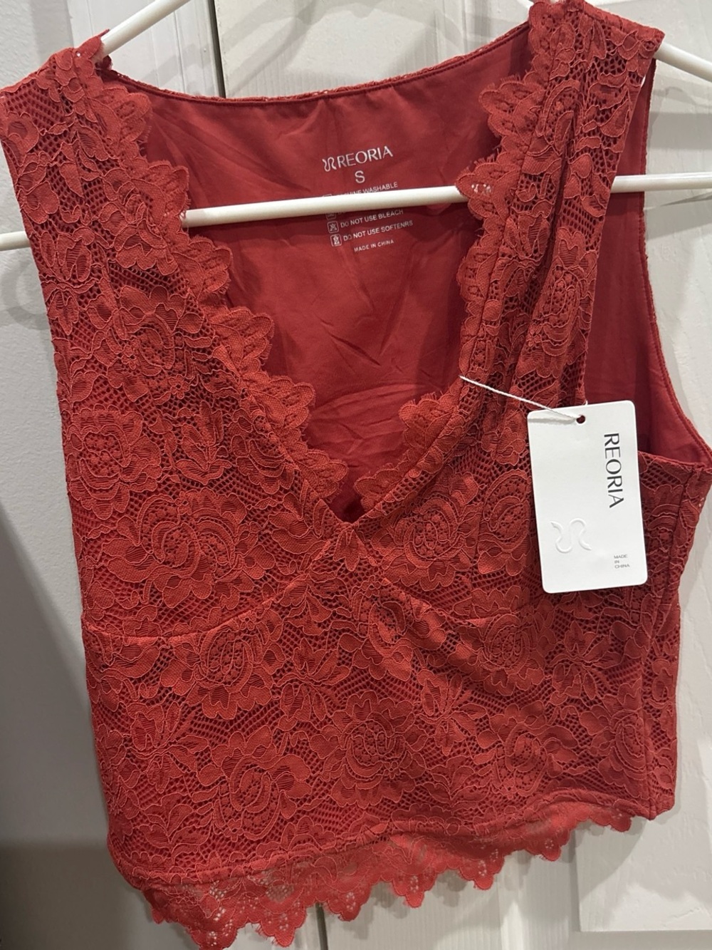 Lace V-Neck Crop Top in Brick Red